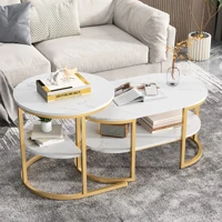 Ensemble de 2 Tables Basses Gigognes Ovales, Lot de 2 Tables Basses 2 en 1 avec espace de Rangement, Table Basse aspect Marbre Table de salon Basse pour Salon, Balcon et Bureau 2
