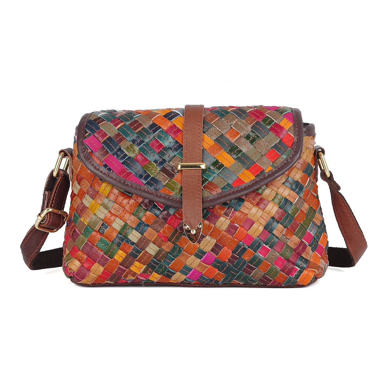 Women Handbags Leather Shoulder Bag Genuine leather handmade bag woven bag colorful striped color matching small casual ethnic style shoulder for women