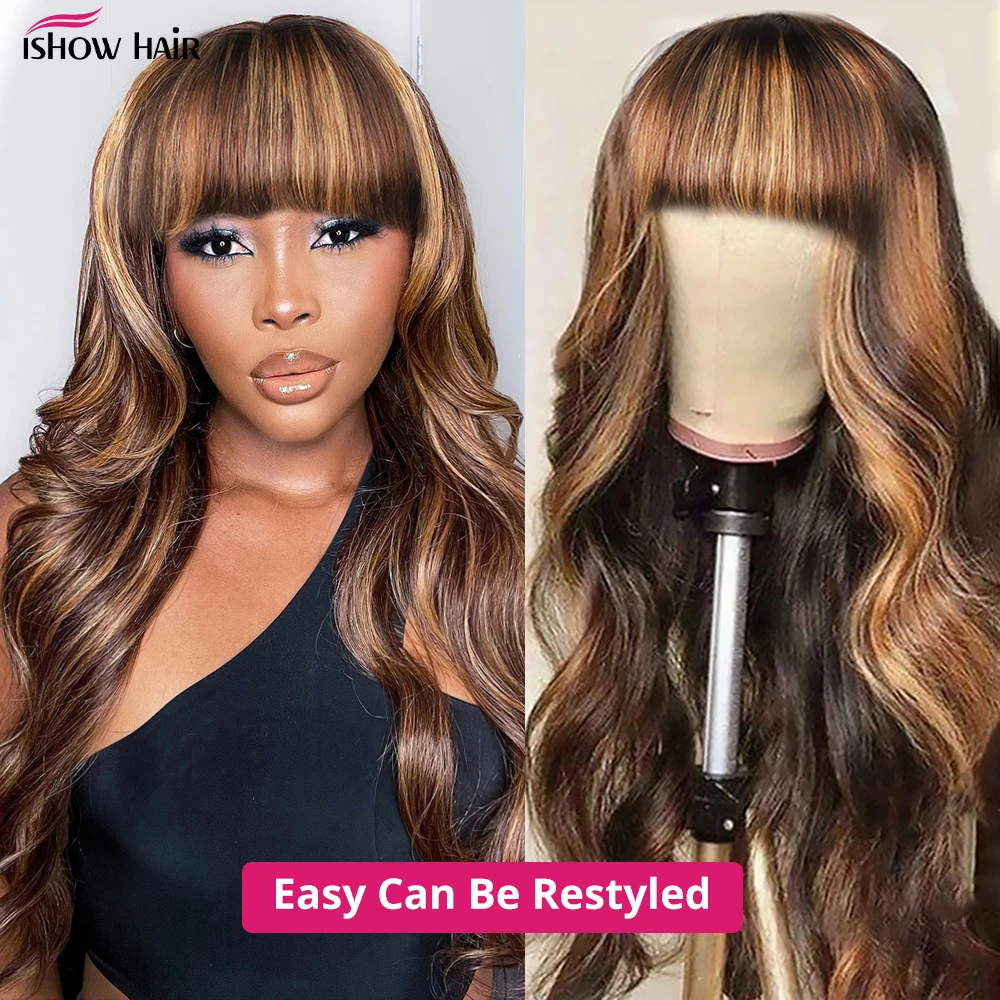 Parrucca Ishow Evidenzia con frangia Parrucche diritte per capelli umani per le donne Parrucche brasiliane Remy complete fatte a macchina con frangia - immagine 5