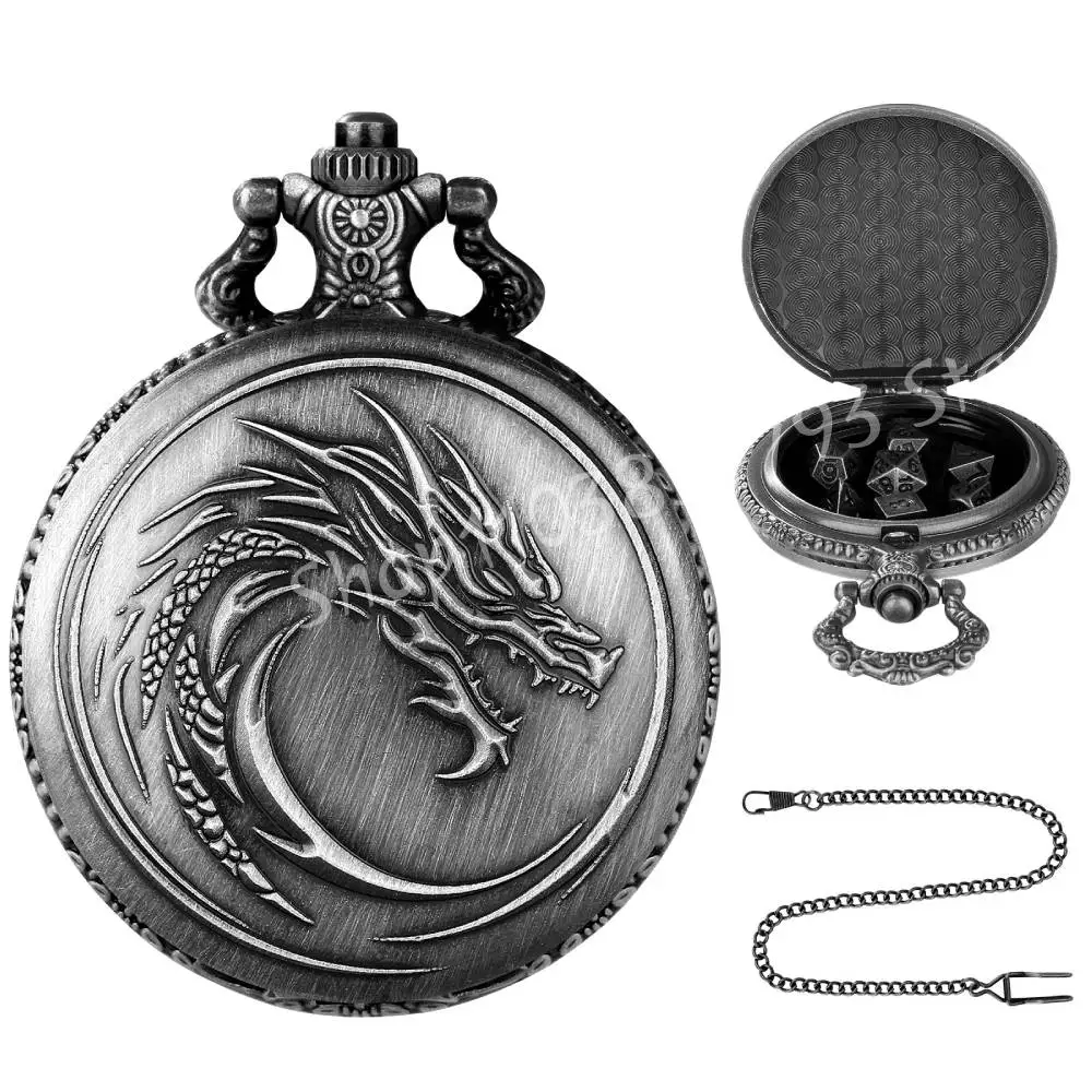 Dragon-Themed Retro Pocket Watch Case with 7-Piece Metal Polyhedral Dice Set