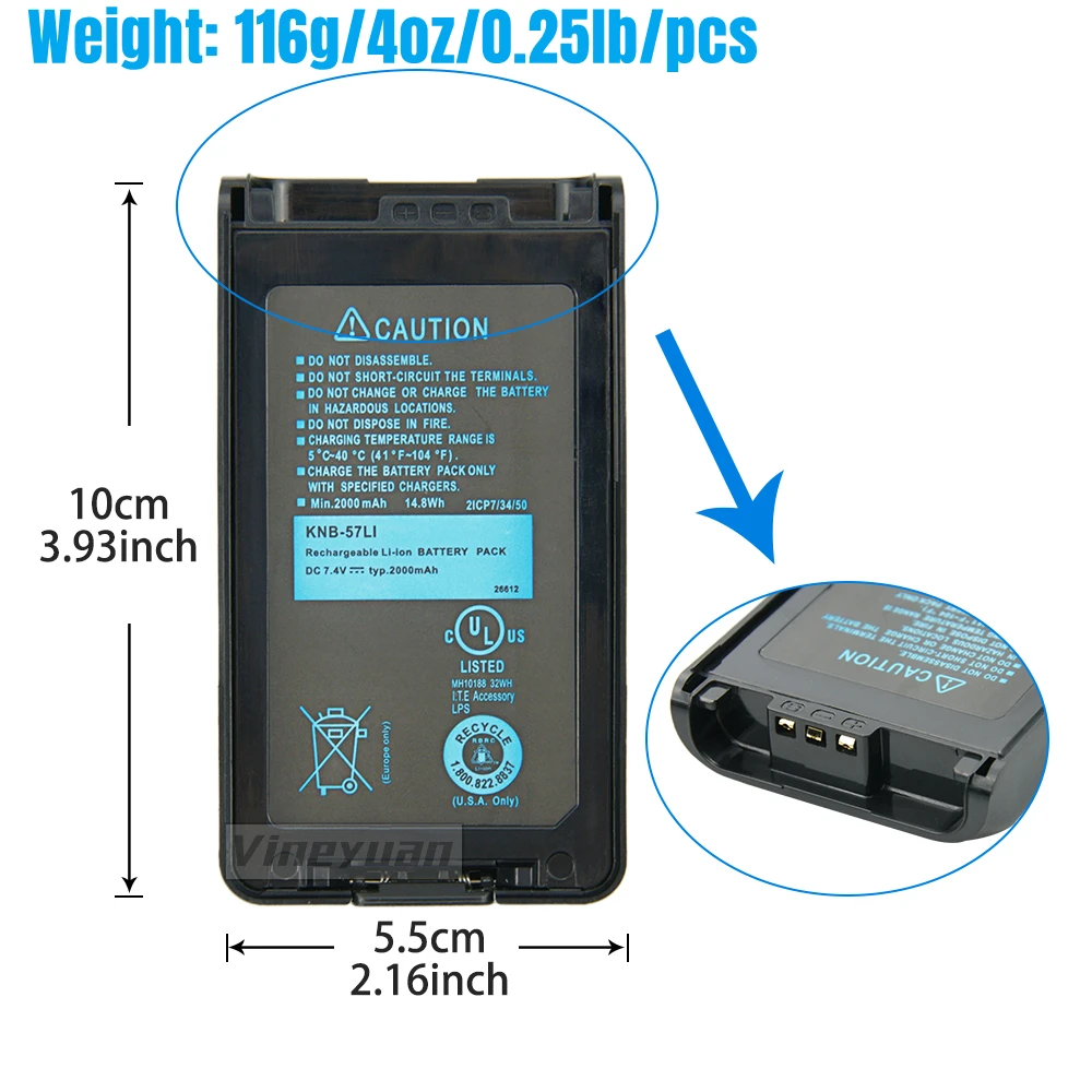 2PCS 7.4V 2000mAh KNB-57L Replacement Battery for Kenwood TK-2170