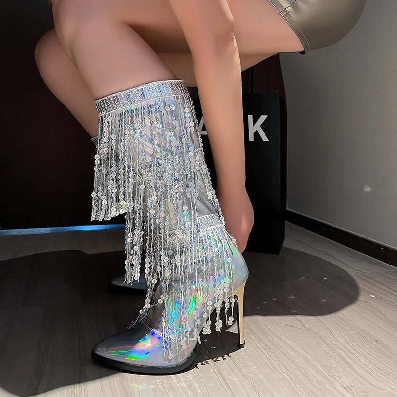 

Autumn Fashion Bota Silver Tassel Brillos Fringe Sequined Mid Calf Boots For Women Zip Metallic Glitter Sexy Elegant Long Boots