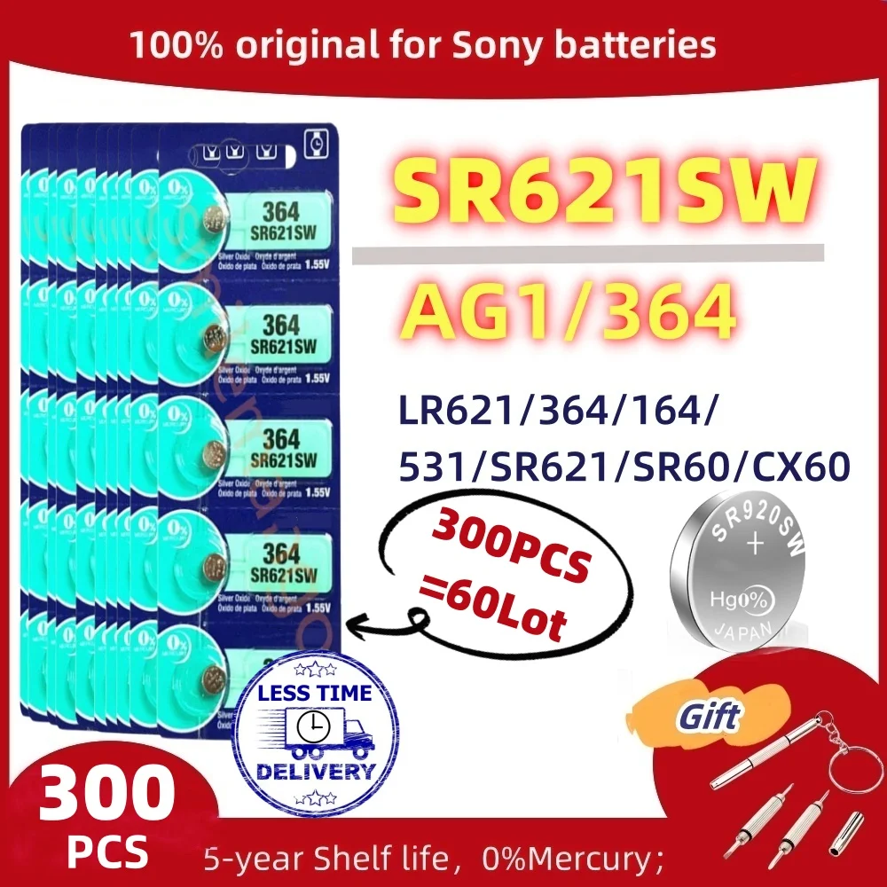 

300PCS Original For SONY AG1 LR621 364 164 531 SR621 SR621SW SR60 1.55V Button Battery For Watch Toys Remote Cell Coin Batteries
