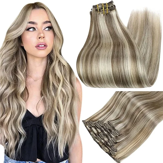 Full Shine Clip In Human Hair Extensions Balayage Ombre Blonde Black Hairpins 7pcs 120g Double Weft 100% Machine Remy For Woman 8p60