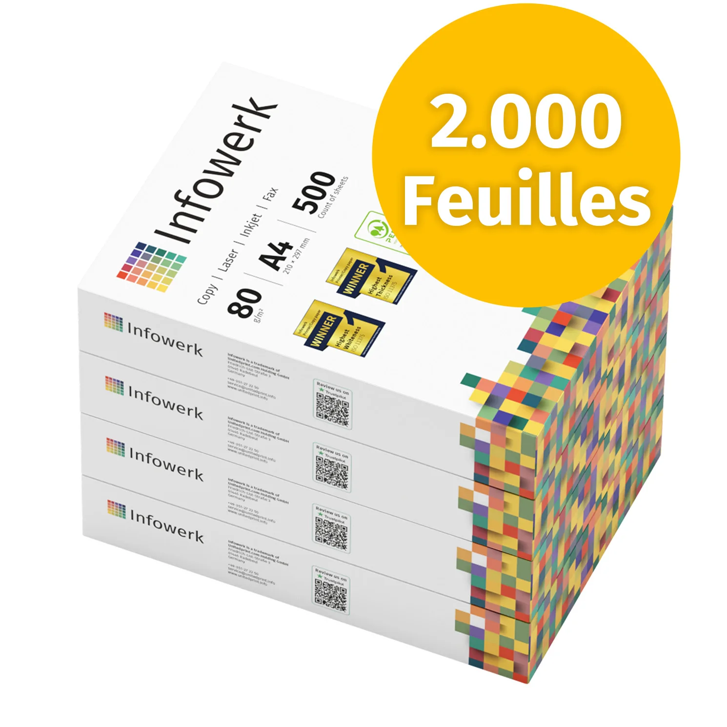 Infowerk Papier A4 pour Imprimante 2000 Feuilles (4 x 500) – Papier Blanc Premium 80 g/m² Certifié PEFC