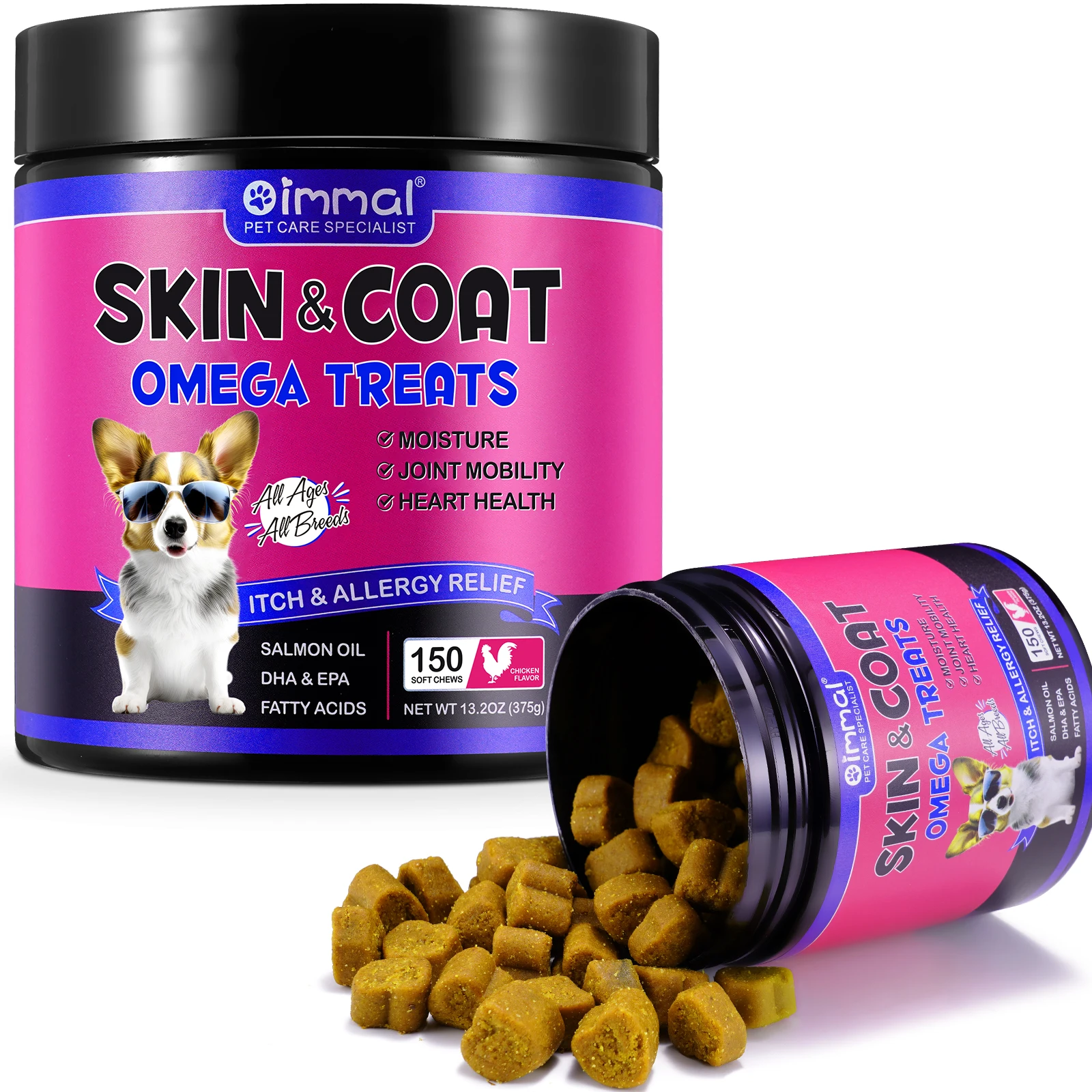 Skin & Coat Omega 3 Treats for Dogs Shedding Skin Allergy Itch Relief Hot Spots Treatment Joint Health Supplement Chicken Flavor