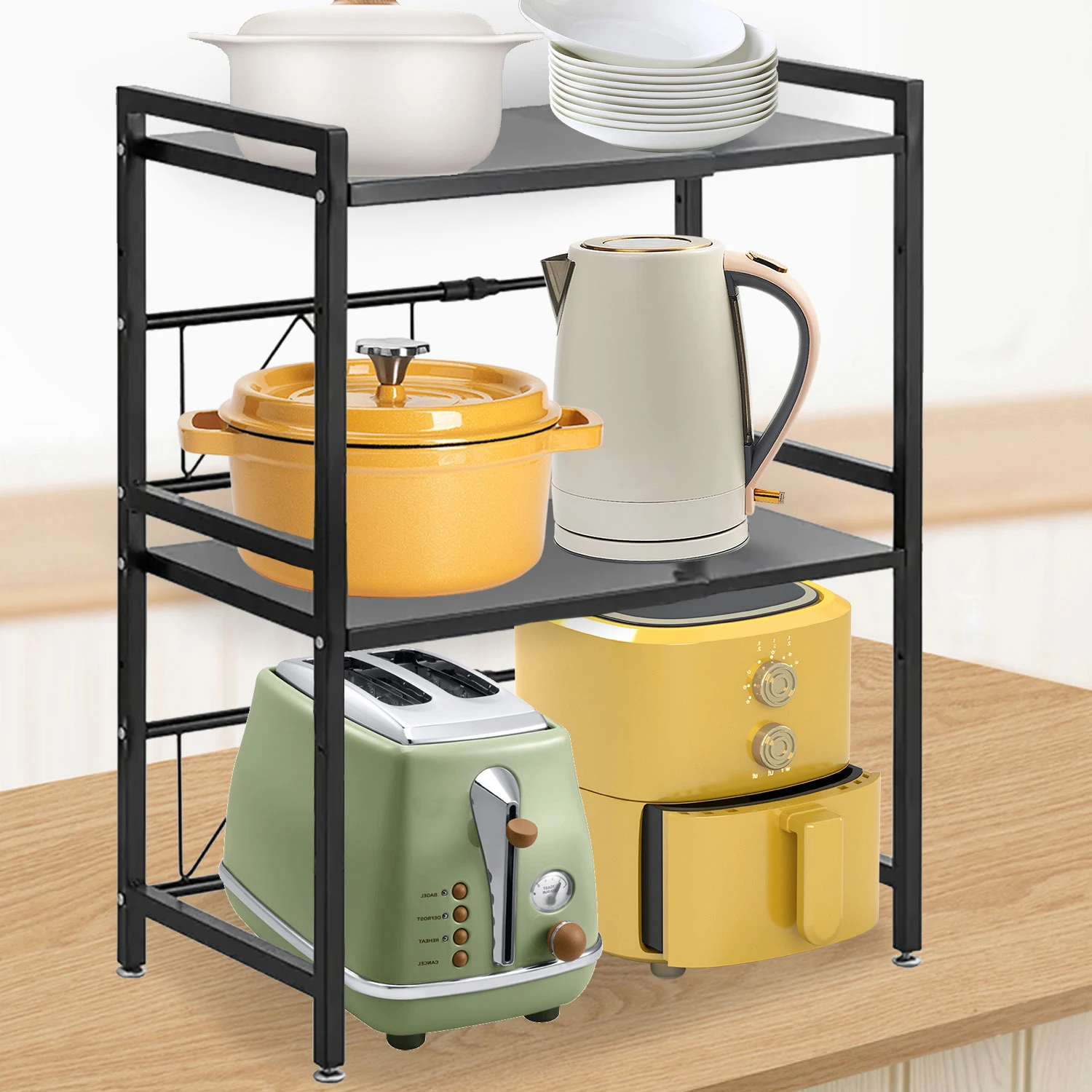 Erweiterbares 42-64CM Mikrowellenregal Arbeitsplatten-Backregal Küchenaufbewahrung mit 6 Abnehmbaren Haken Multifunktional 30KG – Detail 11