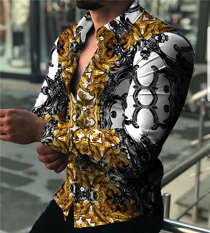 

Fall Fashion Luxury Social Party Evening Dress Shirts Lapel Button Down Shirts Casual Printed Long Sleeve Tops Mens Sweaters