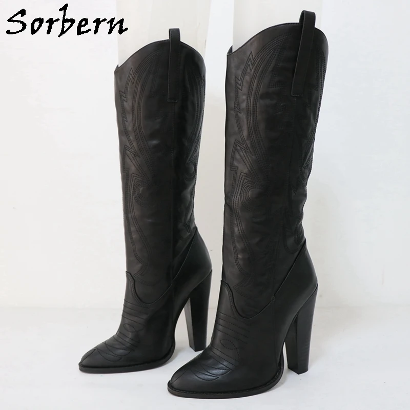 

Sorbern Genuine Leather Cowboy Boots Women Wide Calf Slip On Block High Heel 14Cm Size Us11 Pointed Toe Embroider Chunky Heeled