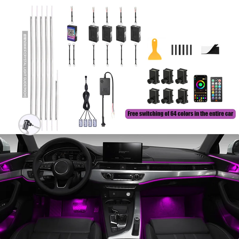 

14 in 1 Interior 64 Color Bluetooth App Control RGB Instrument Panel Door Decoration Strip Lights Led Ambient Light For Car