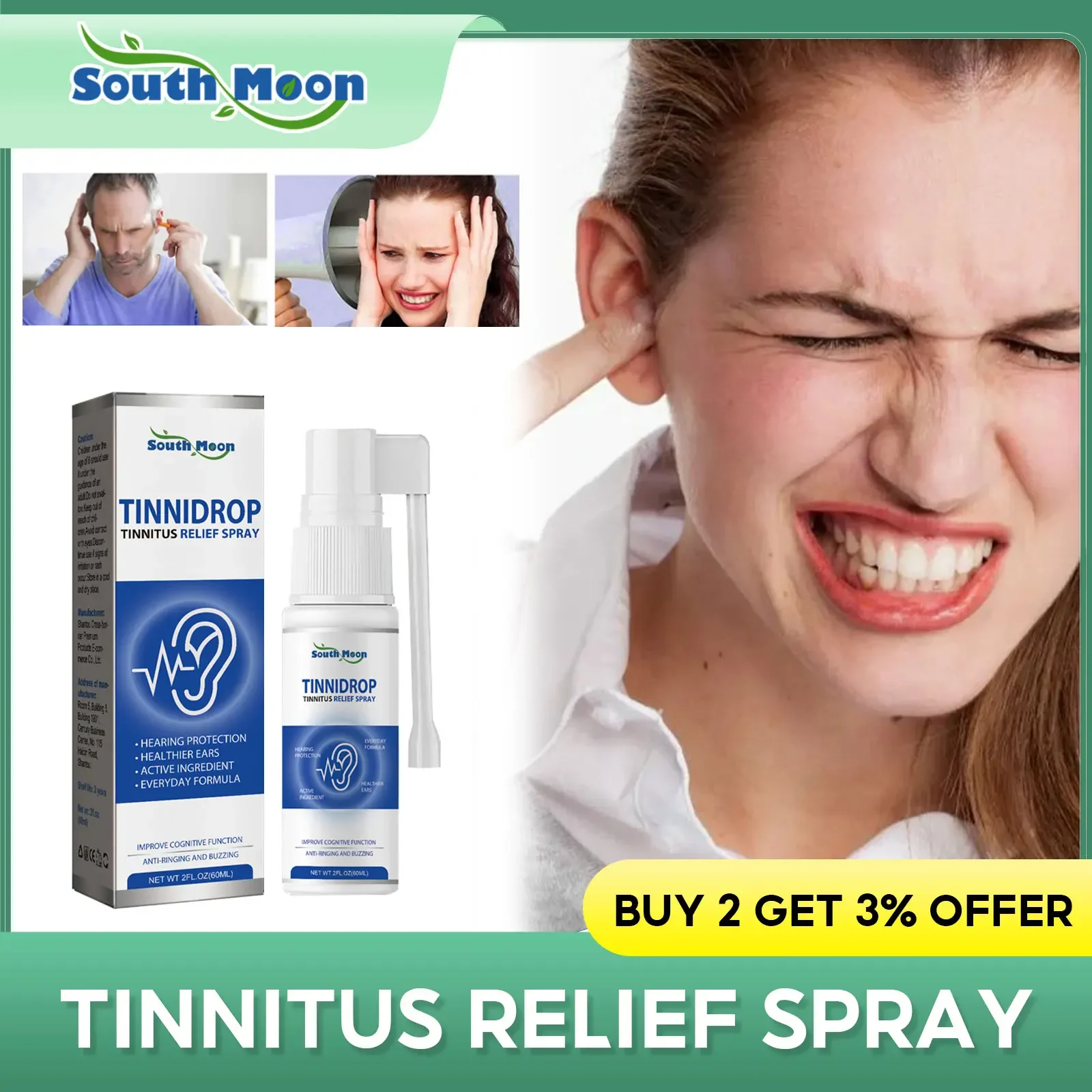 

Tinnitus Ear Spray Deafness Anti Cochlear Earwax Blockage Cleaning Itching Swelling Relief Earache Acute Otitis Treatment Care