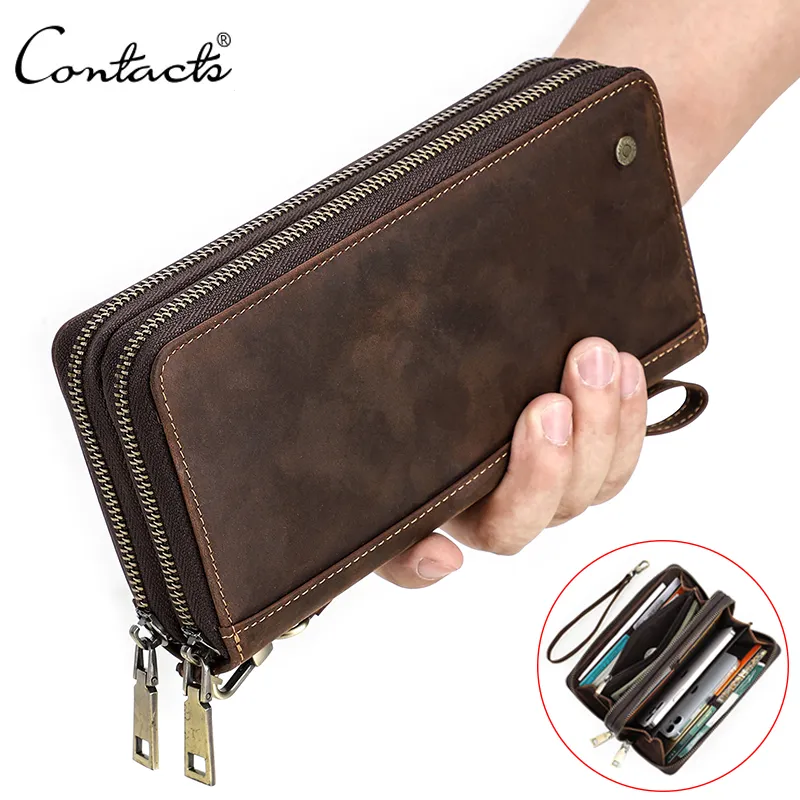 Contact'S Genuine Leather Men's Wallet Clutch Bag Card Holder Long Wallets Double Zipper Large Capacity Vintage Male Purses