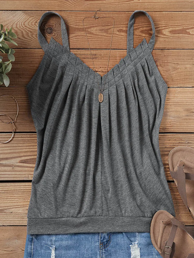 

Fashion Ruffled V-Neck Camisole Women Summer Cami Tops Sexy Sling Pleated Small Tank Tops Cute Solid Sleeveless Shirt Top