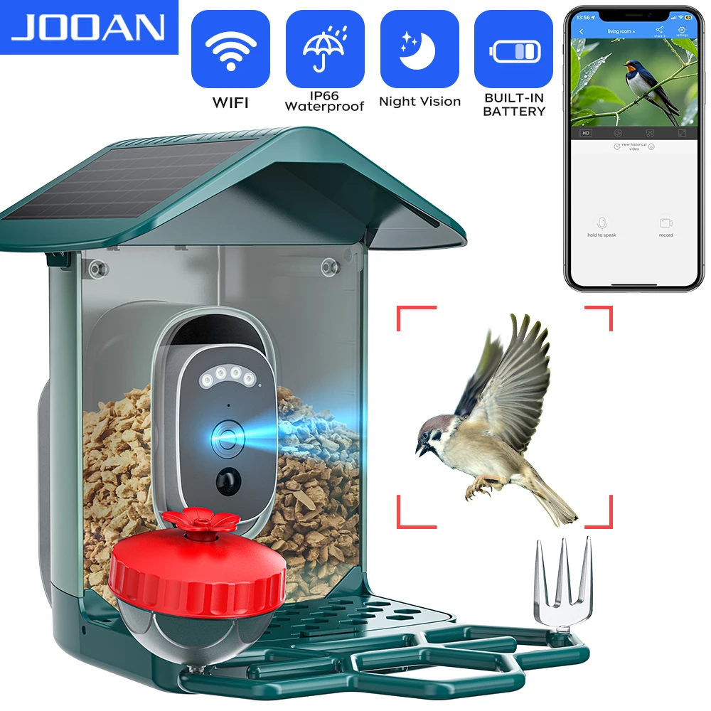JOOAN 4MP 스마트 버드 피더 카메라 AI 조류 인식 실시간 모니터링 앱 알림 야간 투시경 저전력 배터리 카메라