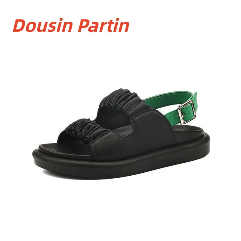 Women Slingback Sandals Genuine Leather Mixed Color Summer Square Low Heel Buckle