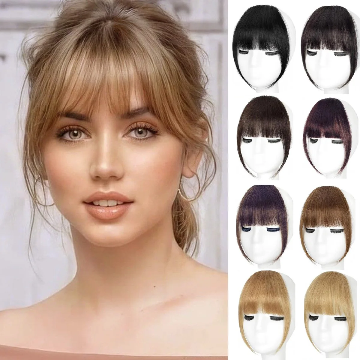 Human Hair Wispy French Bangs with Temples,Curved Fringe Hair Accessories,Clip in Air Bangs,Kawaii Hairpieces Quick Hair Change