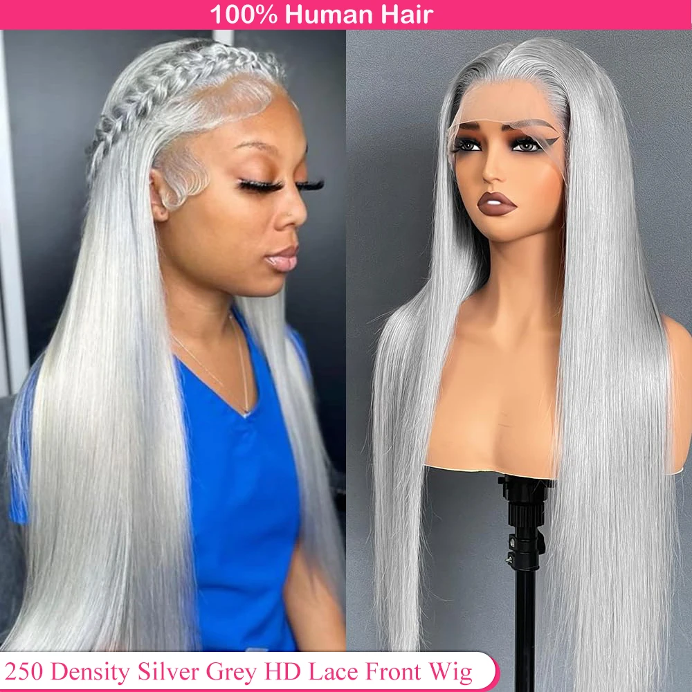 250 Density Silver Grey HD Lace Front Human Hair Wigs Pre Plucked Bone Straight 613 Colored 13X4 Lace Frontal Wigs Human Hair