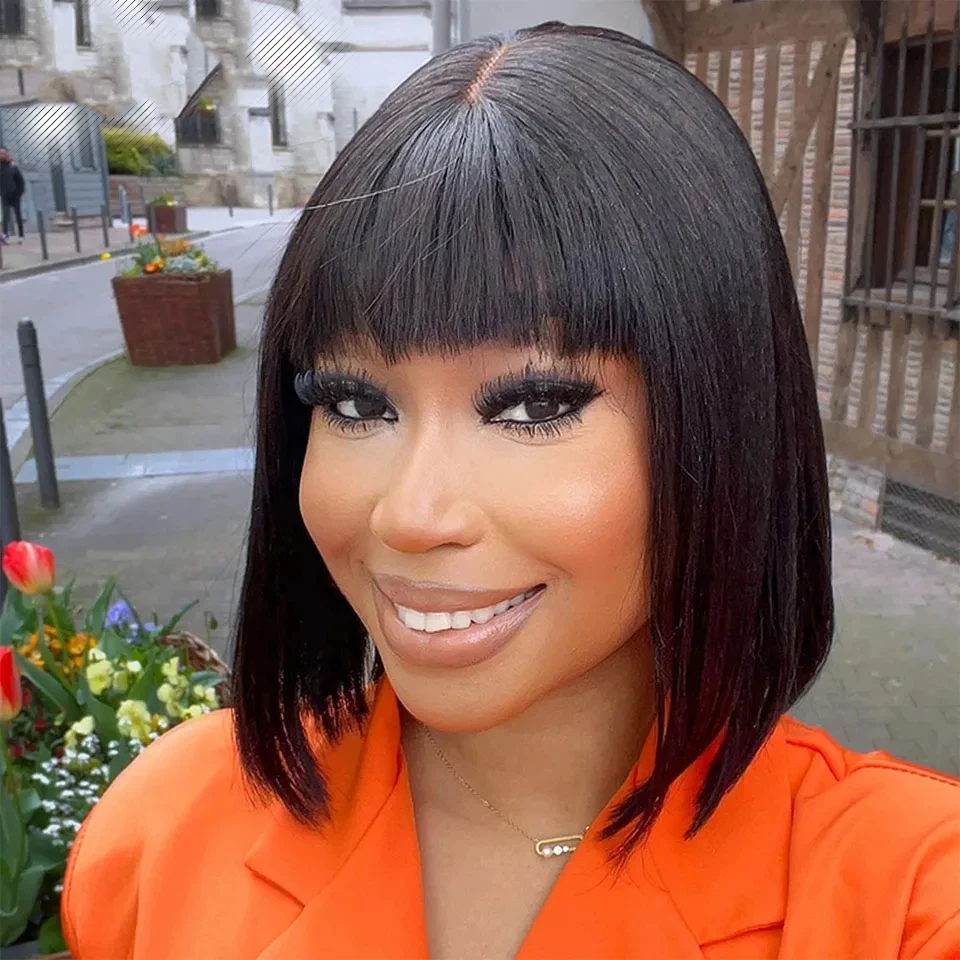 

Парик из натуральных волос с челкой, 180 плотности, с реалистичным кружевом