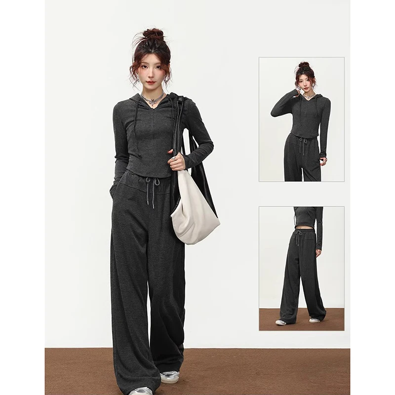 

Осенний Новый спортивный костюм для женщин, комплект из двух предметов, корейский стиль, толстовка на молнии, спортивные брюки на шнуровке, спортивная одежда ярких цветов