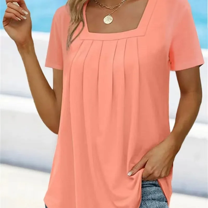 Elegant Women's Tops Summer Solid Square Neck Pleated Short Sleeves Casual Basic Regular Pullover Tops Female Simple Streetwear