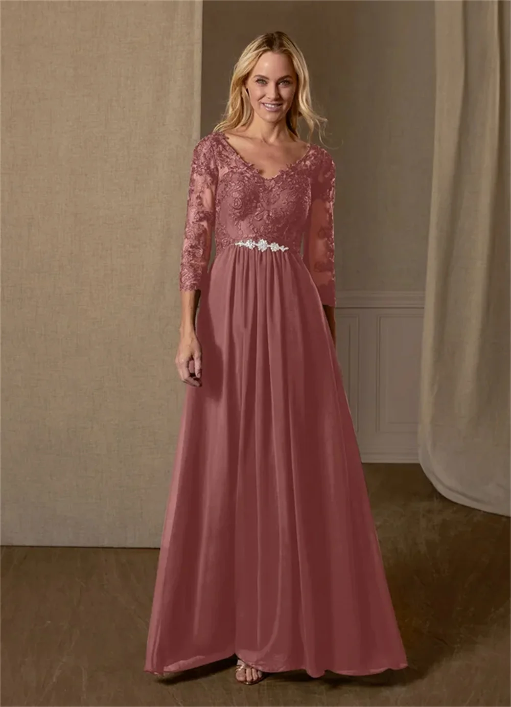 

A-Line O-Neck Floor-Length Chiffon Mother Of The Bride Dress With Beading 2022 Temperament Three Quarters Of The Sleeve Zipper