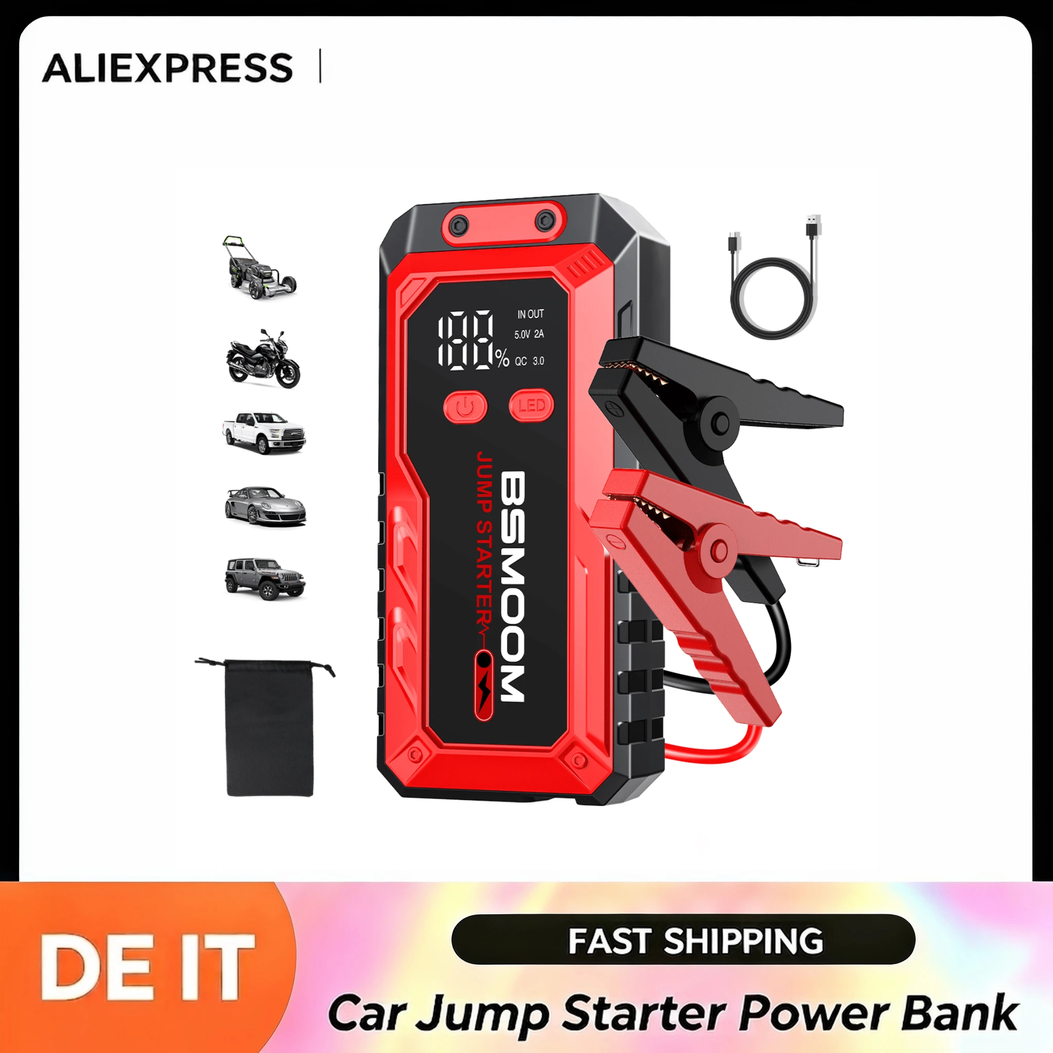 Démarreur de voiture/batterie externe avec courant de crête de 3000 A, un pack de batterie de démarrage 12 V et une lampe d'urgence. 1 Démarreur de voiture/batterie externe avec courant de crête de 3000 A, un pack de batterie de démarrage 12 V et une lampe d'urgence. 1