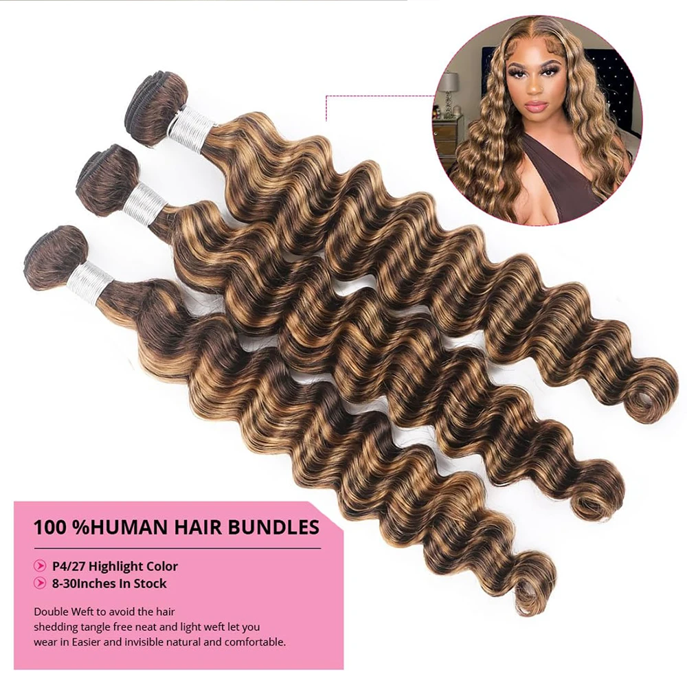 Highlight Bundles Human Hair Deep Wave Raw Human Hair Bundles 1/3/4 PC Ombre Honey Blonde Colored Brazilian Remy Hair Extension
