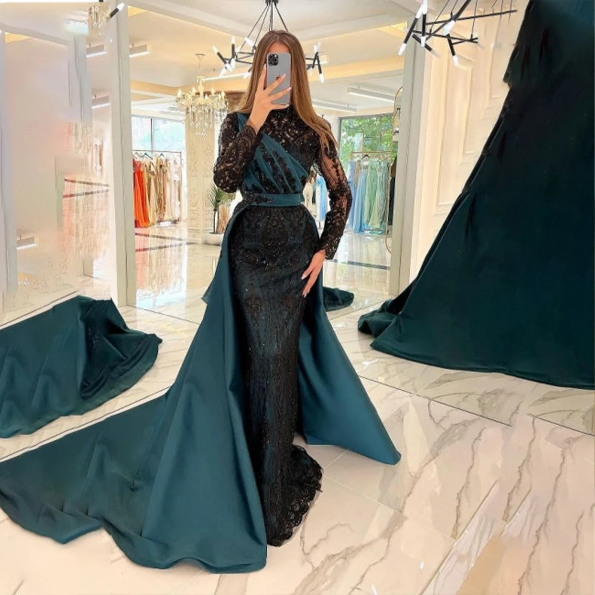

Turkish Elegant Lace Mermaid Evening Dresses Women High Neck Long Sleeves Sequined Prom Gown Satin Chapel Train vestidos de gala