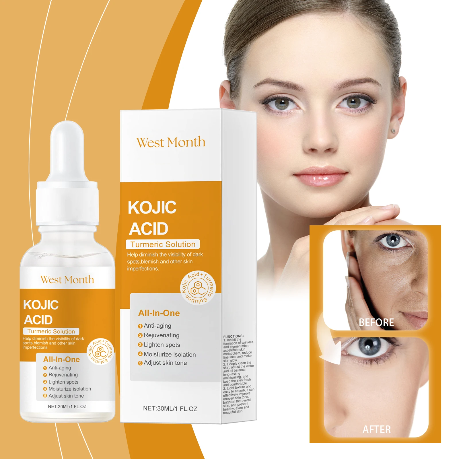 West&Month 30ml Turmeric Kojic Acid Facial Essence Instant Firming Skin Fade Pigmentation Brightening Moisturizing Face Serum