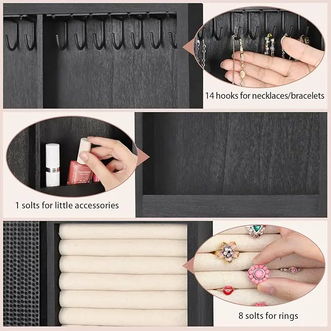 Wall Mounted Jewelry Organizer With Rustic Wood Large Space Jewelry Cabinet, Holder, Storage Box for Necklaces, Earrings, Bracel 4