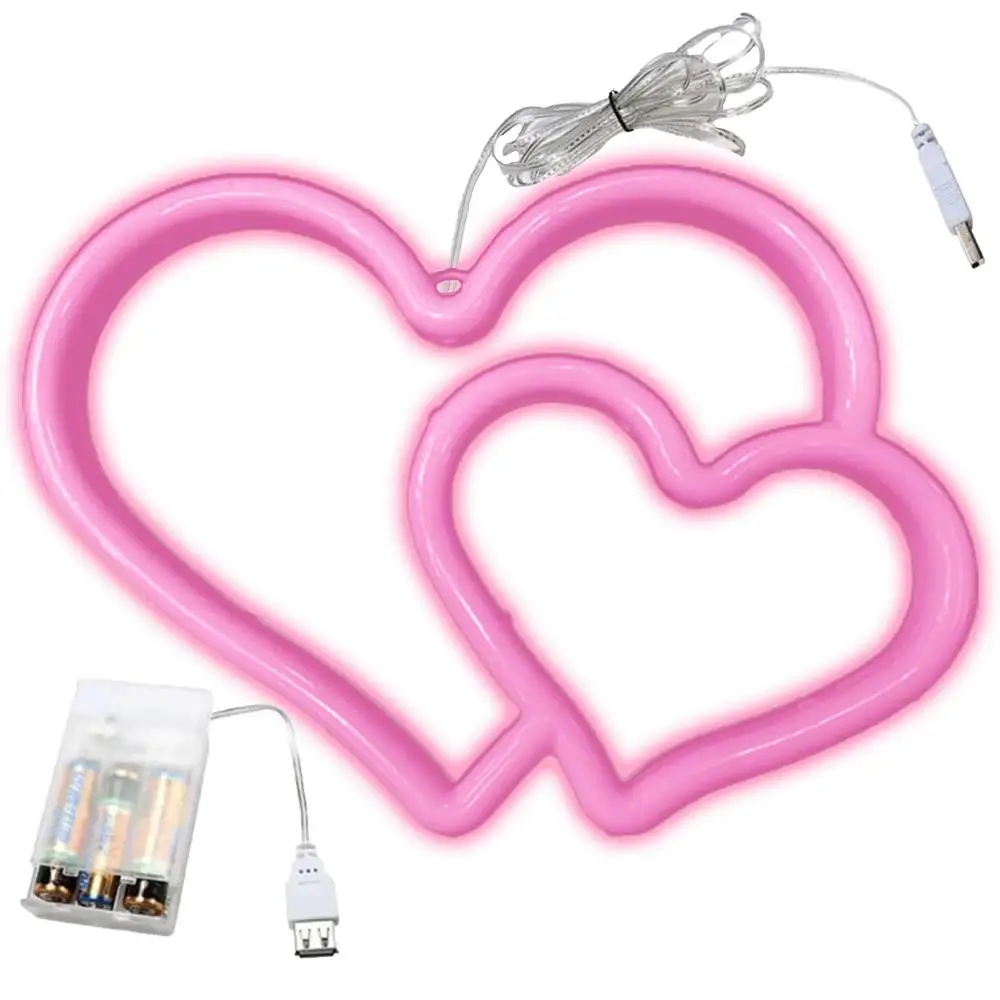 Neón de corazones Rosas, MXPVL-001, 1Pza, USB ó 3 Pilas AA, 100lm, Corazones, Rosa, Plástico y Tira de Luz LED Neón.