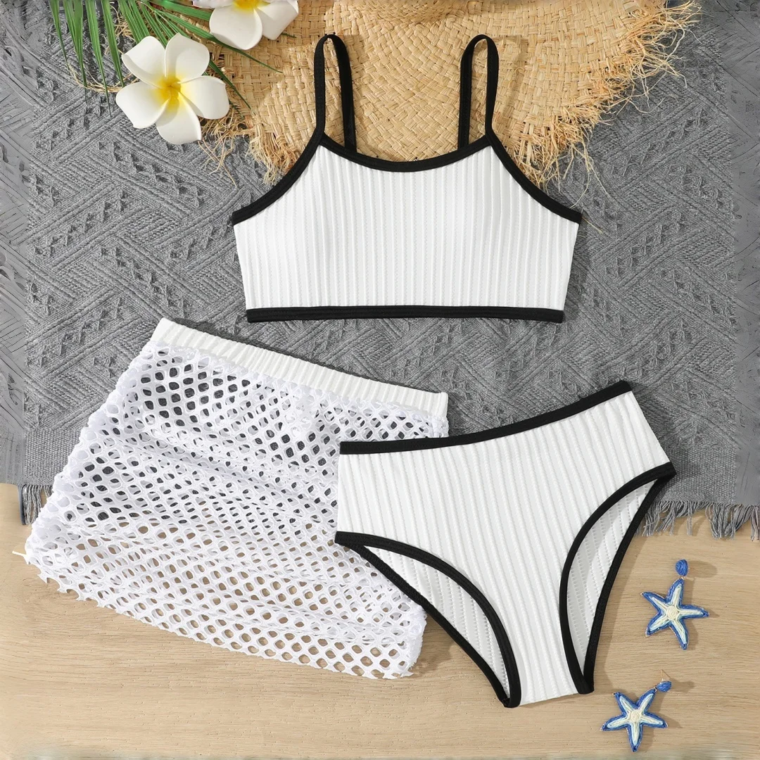Neuer Mädchen-Badeanzug in Unifarbe mit Netzrock, 3-teiliges Set für Mittlere und Ältere Kinder, Badebekleidung, Strandmode