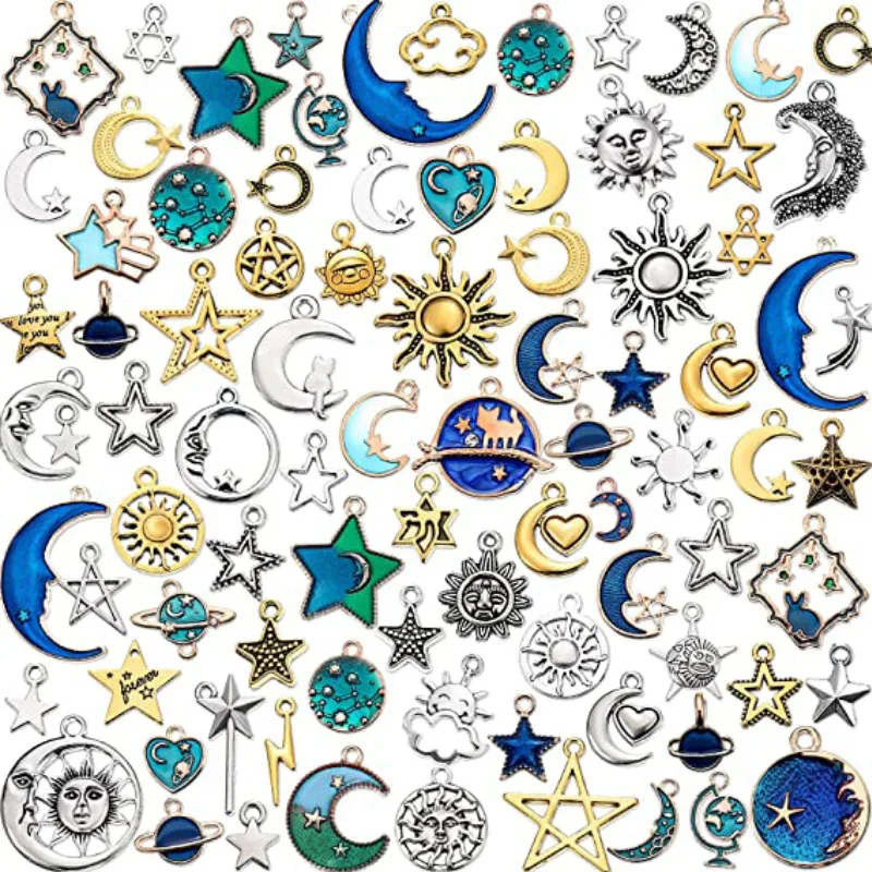 

160 Pcs Bracelet Charms, Mixed Antique Sun Star Moon Charm Pendant Plated Enamel Celestial Charm for Jewelry Making