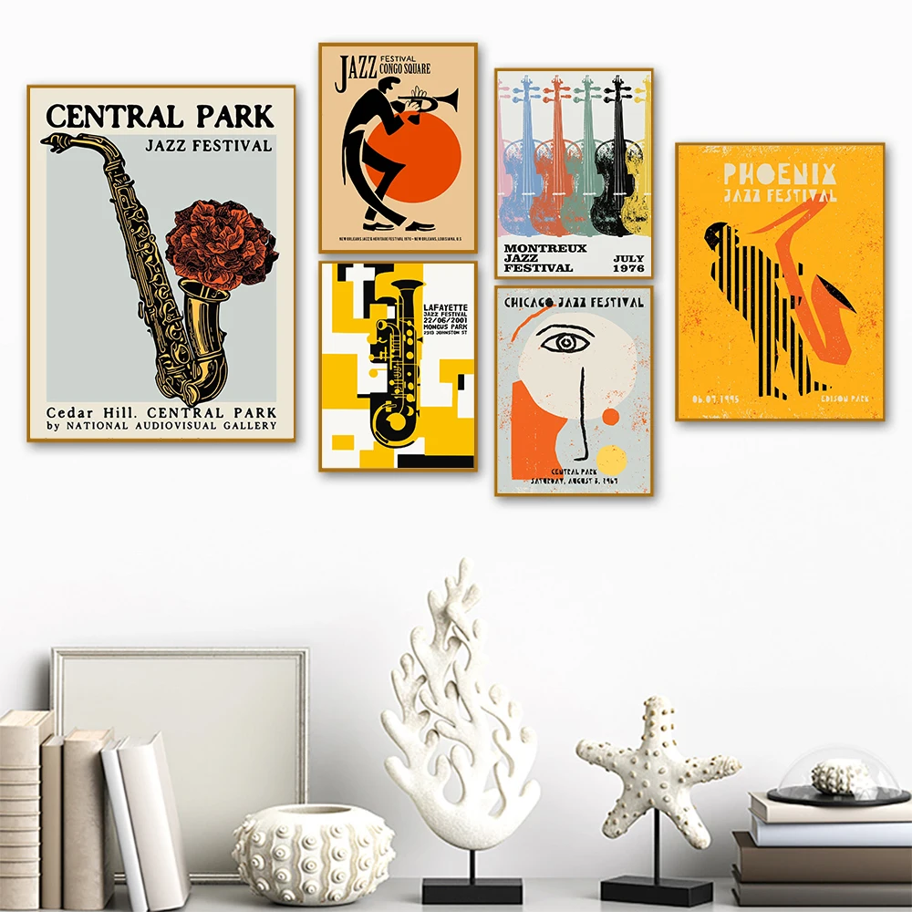 

Interesting Minimalist Cartoon Jazz Print Canvas Painting Instrument Poster Wall Art Living Kid Room Music Home Decor Pictures