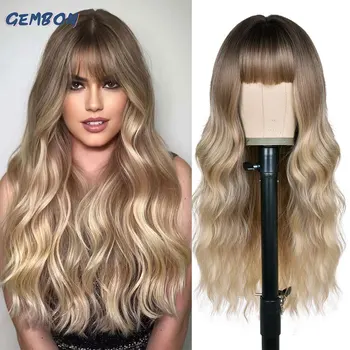 앞머리가 있는 금발 가발, 긴 곱슬 웨이브 옴브레 가발, 어두운 뿌리, 내열성 합성 옴브레 가발, 여성 데일리 파티 사용 상품 이미지