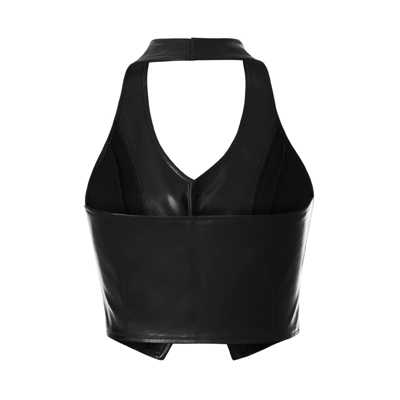 y2k PU Leather Vest Vintage Aesthetic Women V Neck Sleeveless Button Tank Tops 2000s Dark Academia Tshirt Waistcoat