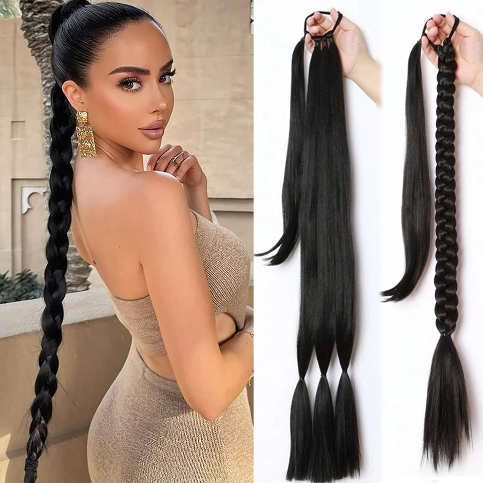 EASIHAIR DIY Synthetic Braided Ponytail Extensions Black Long Braids Synthetic Pony Tail with Hair Tie Rubber Band for Women