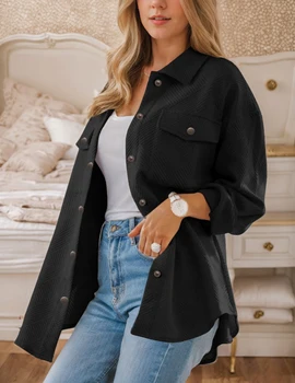 Women's Jacket with Pockets Casual Fall East Season Long Sleeve Flannel Shirt Button Collar Coat 6