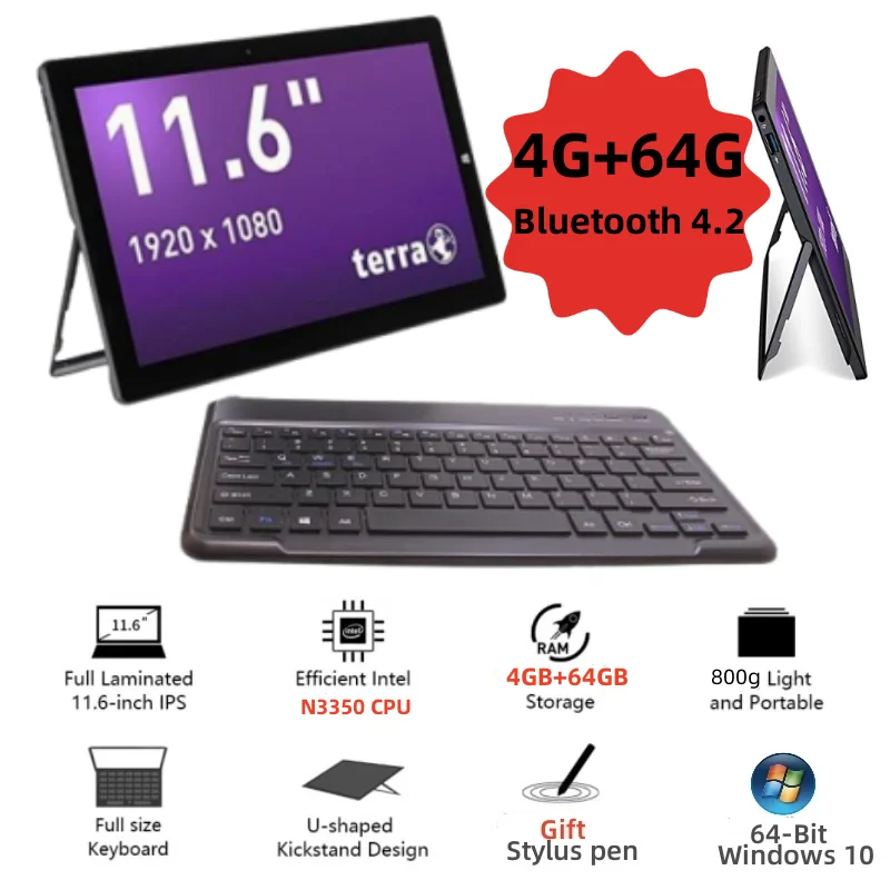 11.6'' 64Bit PAD1162 4GB RAM 64GB ROM Tablets Intel Celeron N3350 Windows 10 Type C 1920x1080IPS Bluetooth 4.2 HDMI-Compatibl