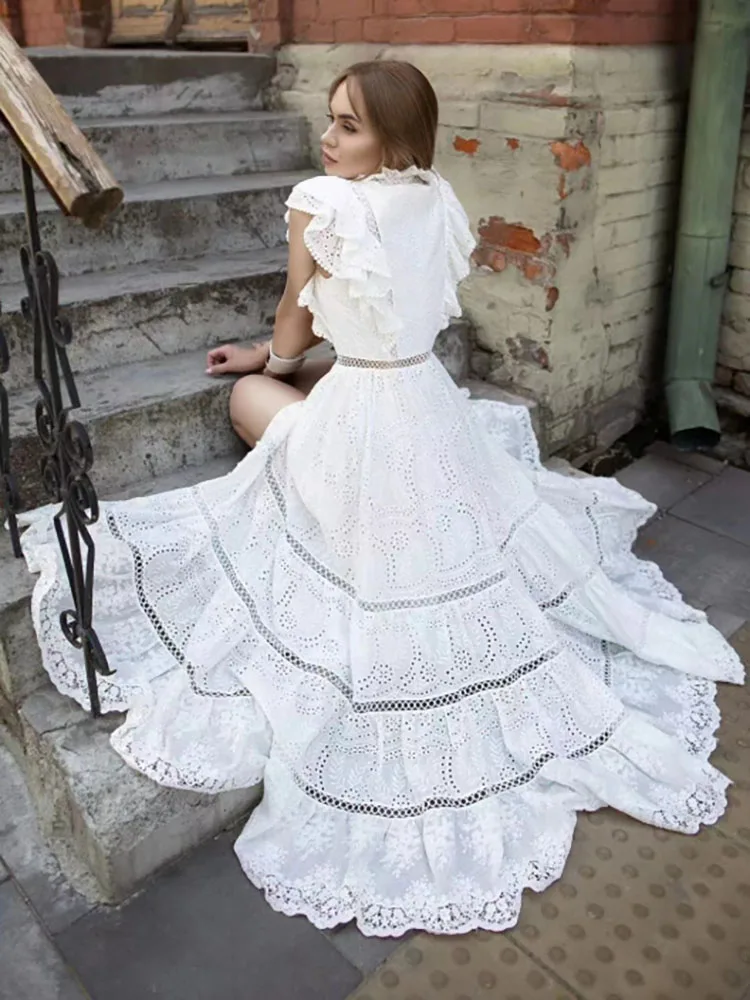 Hollow Out Stitching Fly Sleeve Single Breasted Split Tall Goddess Holiday Birthday Party Dress