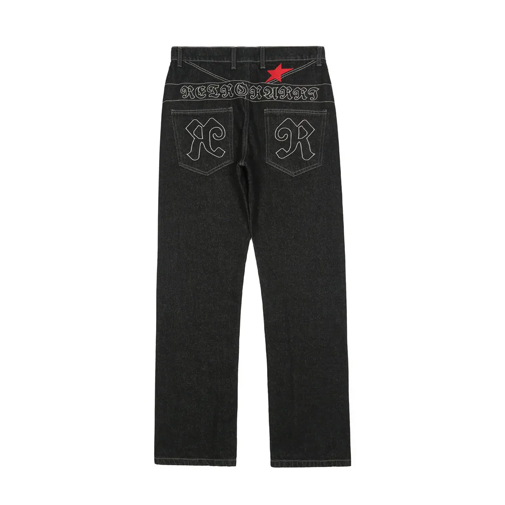 

New Fashion Chic Star Letter Embroidery Straight Jeans Loose Trousers Black Hip Hop Men Streetwear Male Y2k Baggy Denim Pants