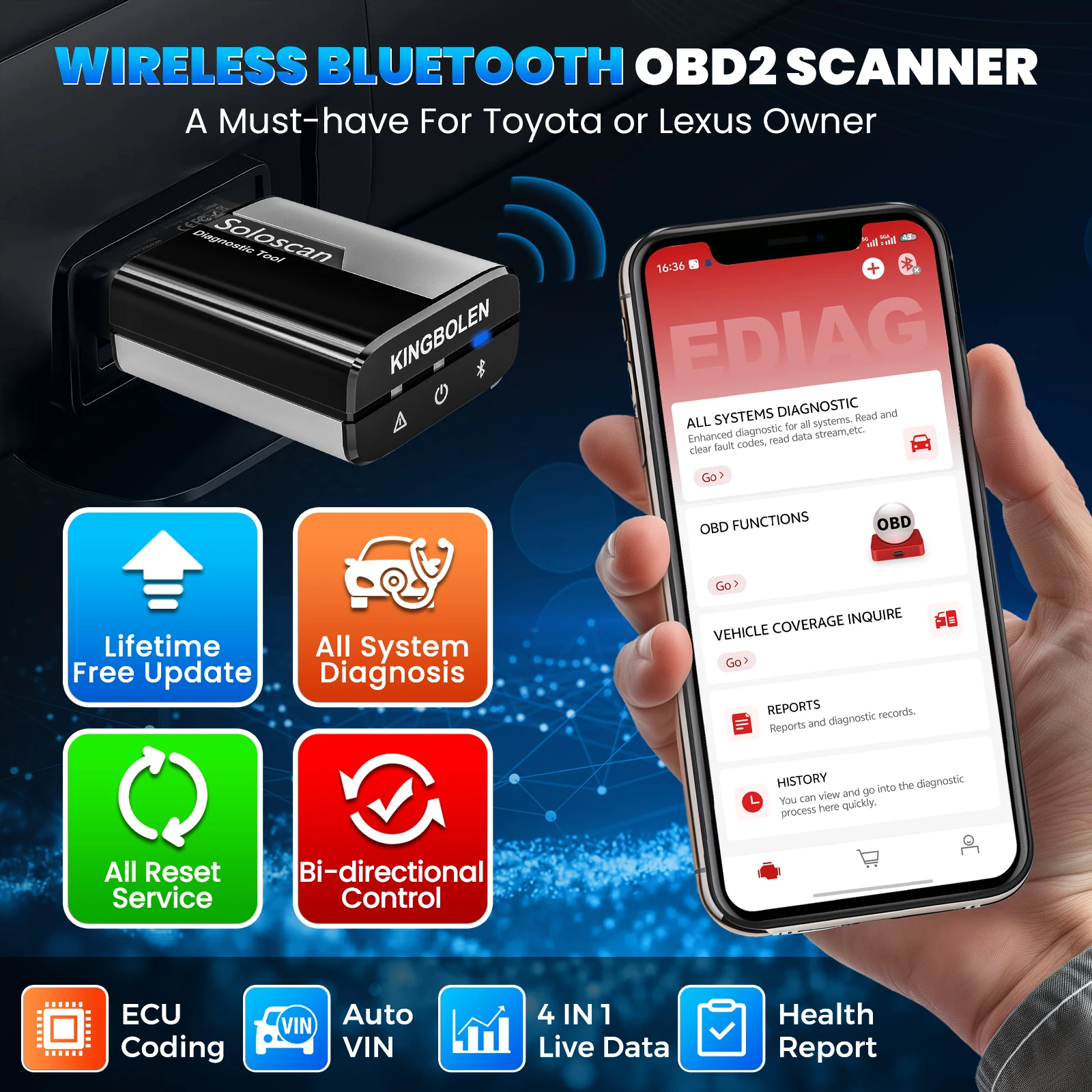 Kingbolen Soloscan 2026: Scanner Bidirezionale con Reset Completo, Diagnostica di Sistema Completa, Codifica ECU e Aggiornamenti Gratuiti a Vita - immagine 3