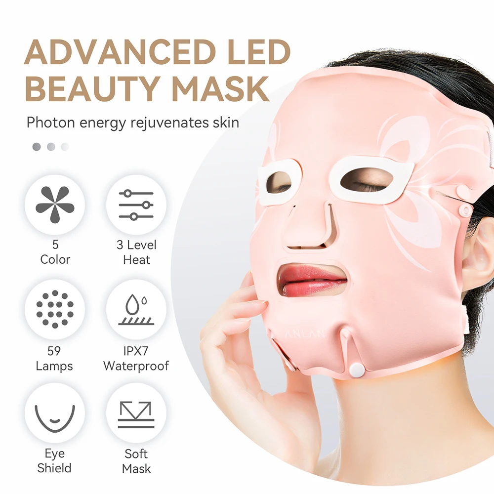 ANLAN Facial LED Mask 5 Colors Light Therapy Waterproof Hot Compress Rejuvenation Brighten Skin Foldable Soft LED Light Spa Mask