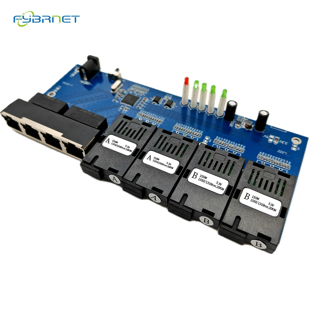 10/100Mbps Single Mode Fiber Switch 4F4E Fiber Port 20KM SC Optical Media Converter PCBA Fast Ethernet Simplex/Duplex