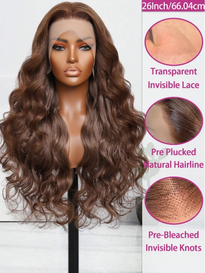 200 Density 30 34Inch Chocolate Brown Body Wave Human Hair Wigs Brazilian 13x4 HD Lace Frontal Wigs #4 Color 13x4 Lace Front Wig 4