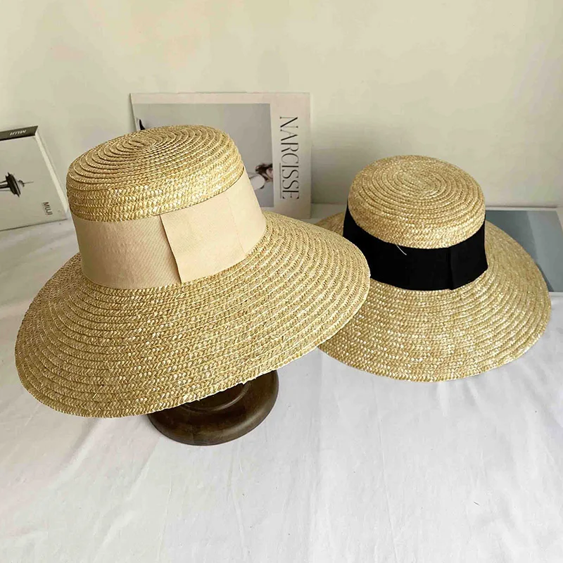 Luxury Desiger Down Wide Brim Straw Hats for Women Grosgrain
