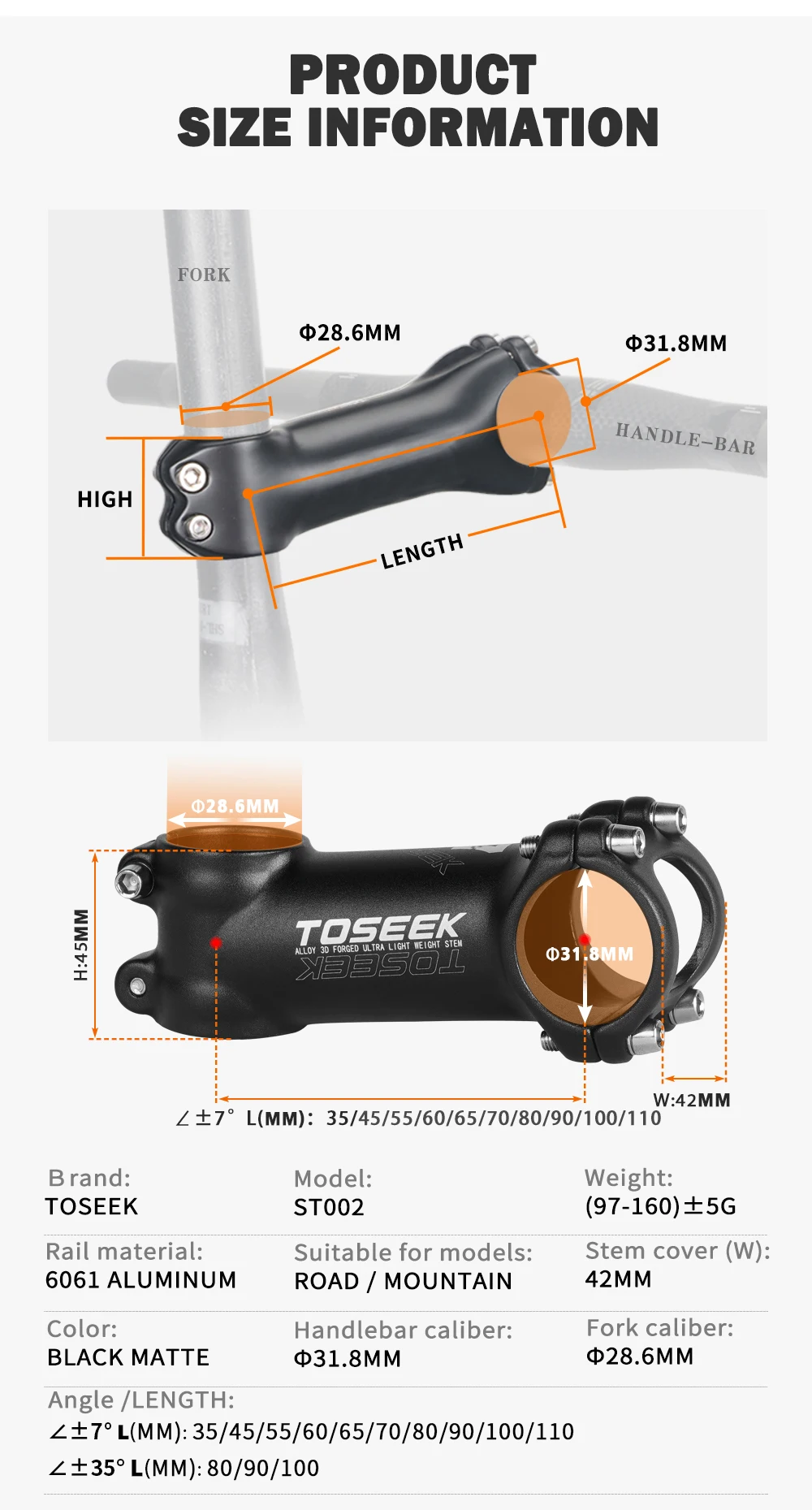 Description Picture 5 of itemTOSEEK ST002 MTB Stem 7 Degree Bike Handlebar Stem Ultralight Road Mountain Bicycle Power Durable Bike Table 35/45/55/60/70/80mm