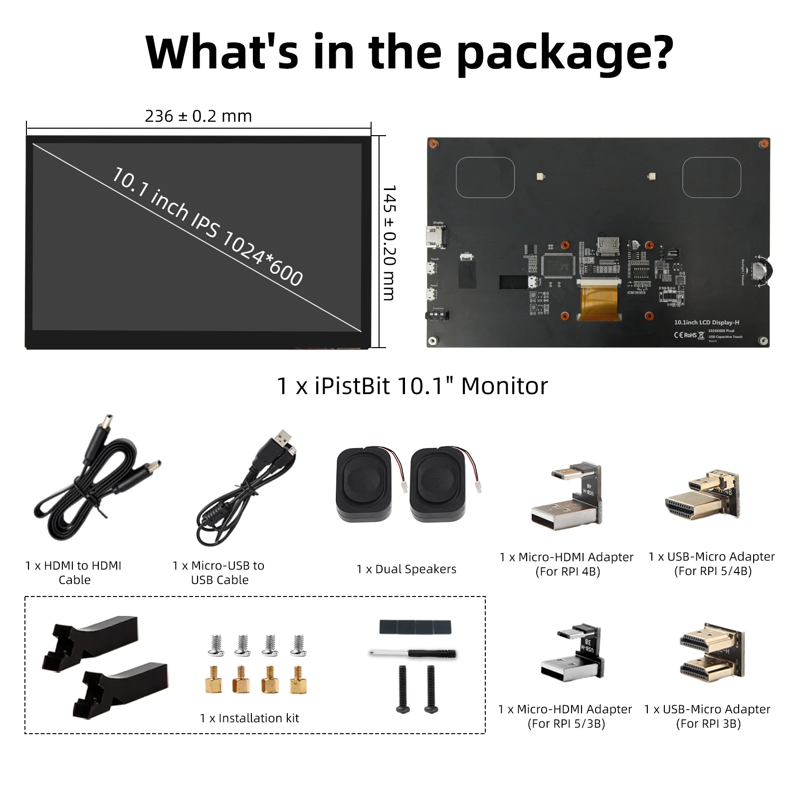 10.1 inch Capacitive Touchscreen IPS 1024&times;600 Dual Built-in Speakers HDMI Monitor Compatible Raspberry Pi touch screen display computer monitor computer secondary screen