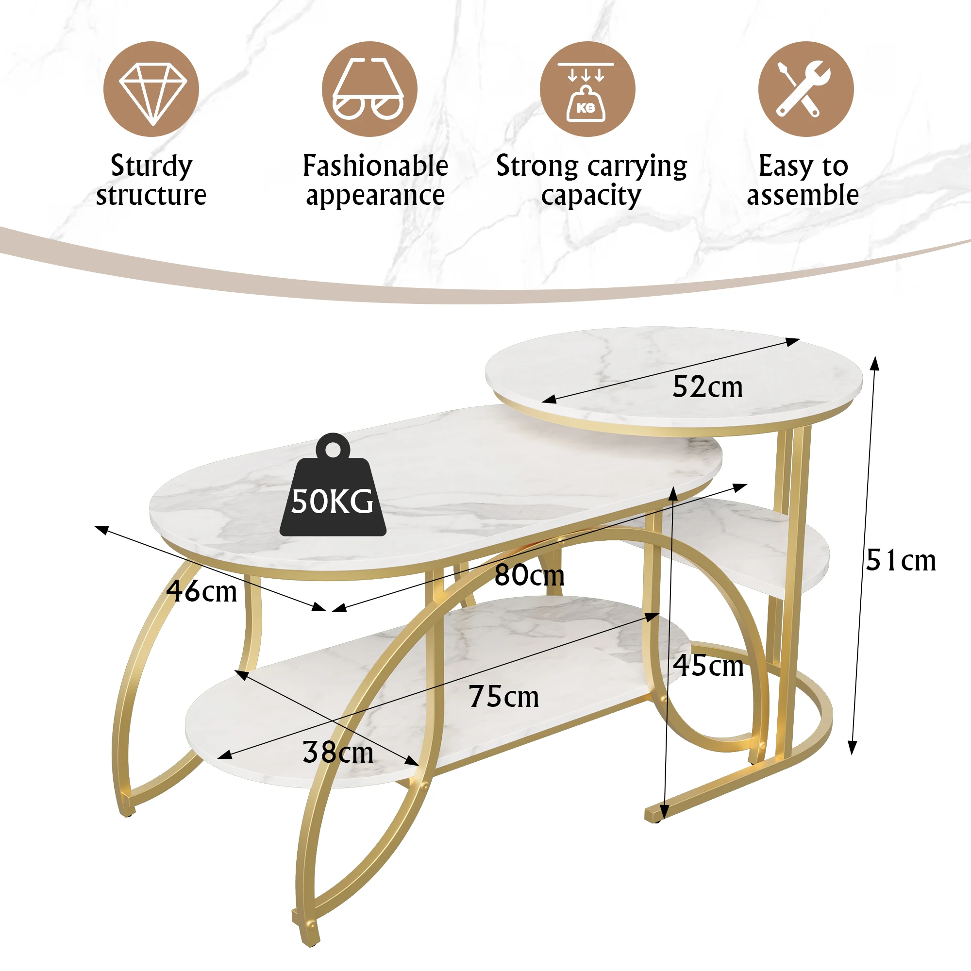 ROSAHQNDA 2er-Set Moderne Couchtische, Sofatisch mit 2-lagigen Regalen, MDF-Platte und stabilen Metallständern, Wohnzimmermöbel – Detail 1