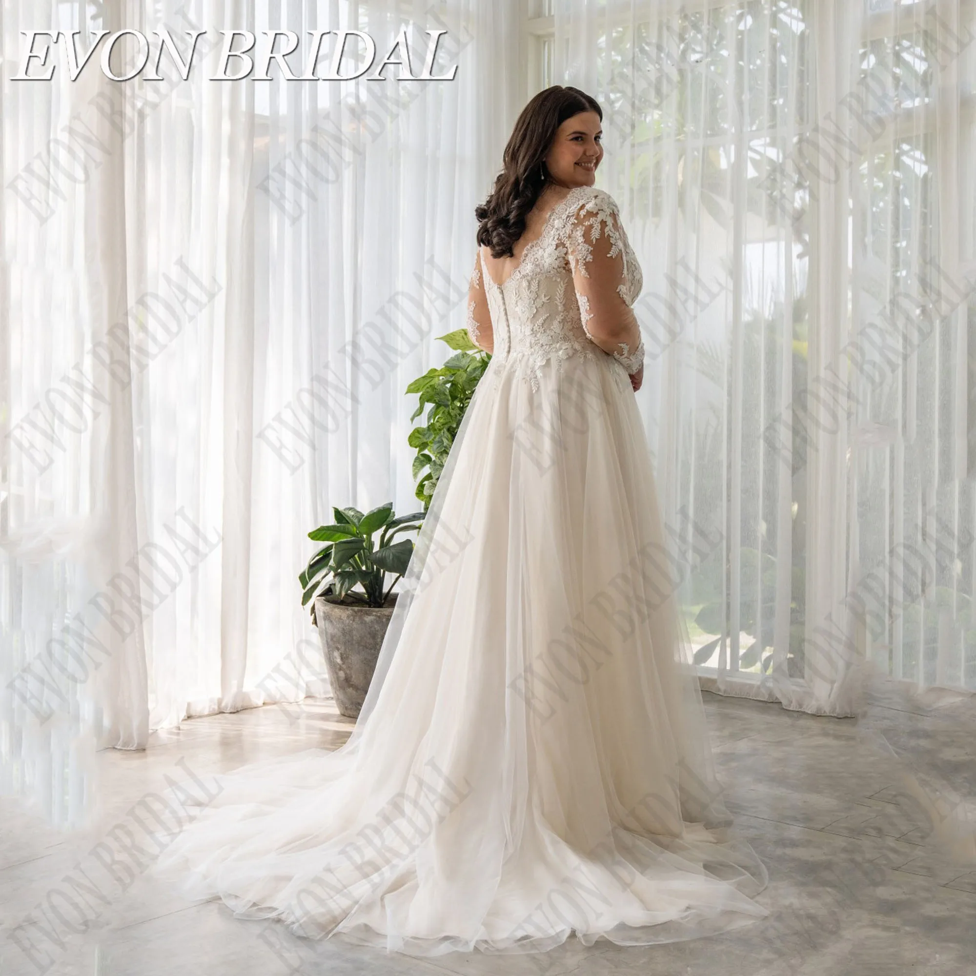Wedding dresses EVON BRIDAL Plus Size Lace Wedding Dress Long Sleeves V-Neck A-Line Bride Gowns For Woman Applique Tulle Vestido De Noiva